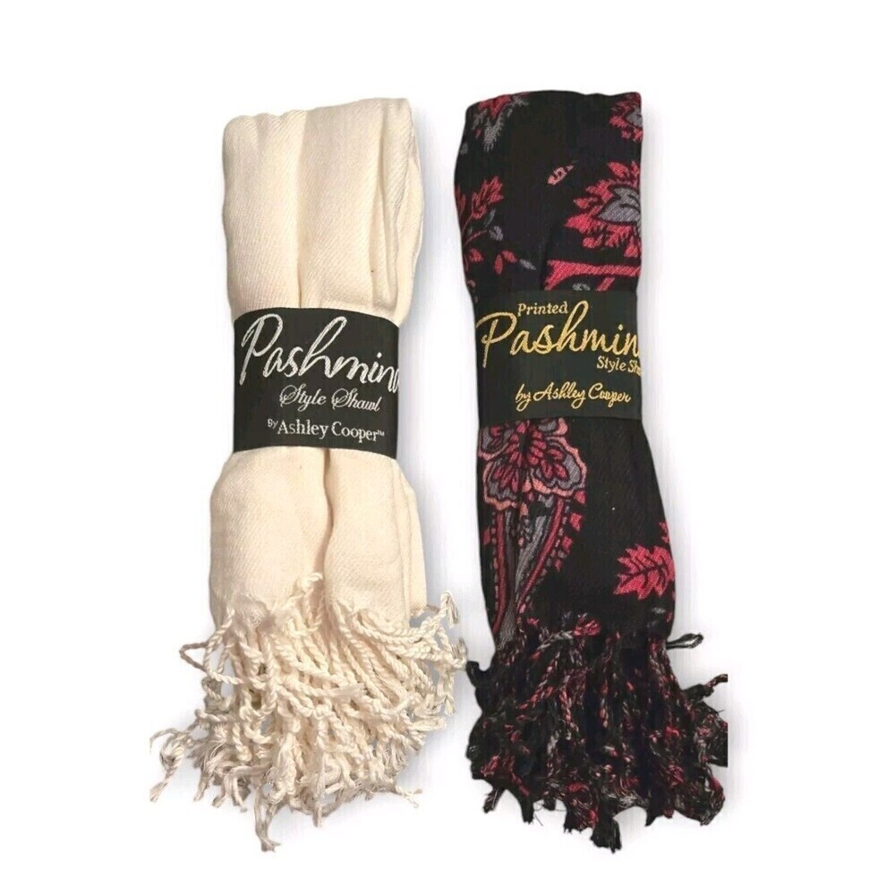 2 Pashmina Style Shawl by Ashley Cooper Cream & Black Floral Fringe Giftable